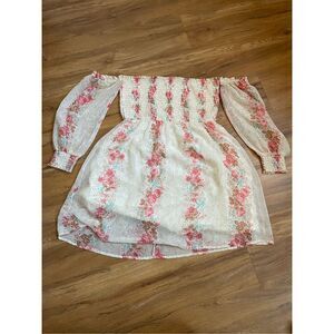 En Creme Womens Small Long Sleeve Sheer Pink Floral Off Shoulder Mini Dress